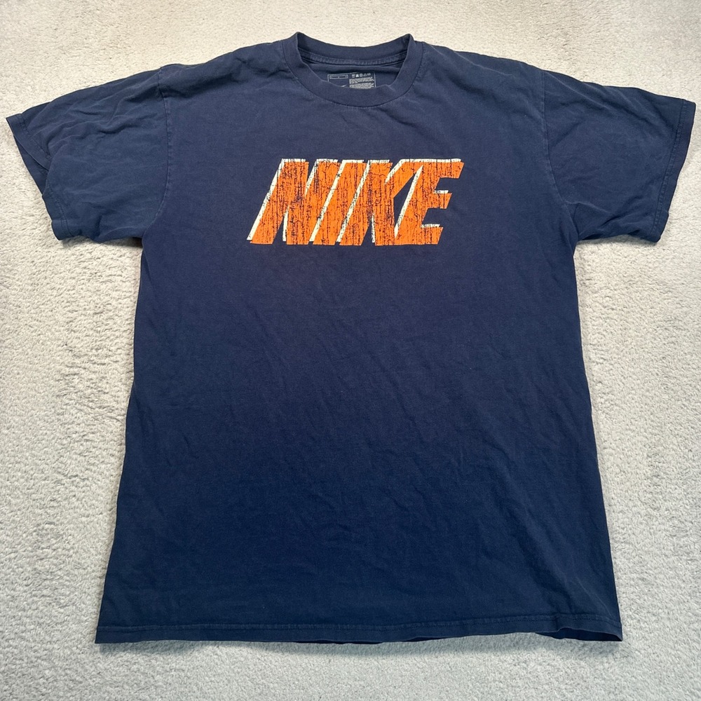 Nike Graphic Tee Mens L Navy Blue Orange Distressed Logo Sportswear Short Sleeve